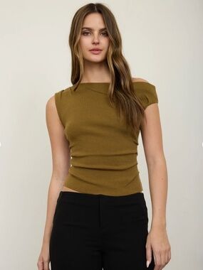 The Workshop Studio Asymmetric Boat Neck Knit Sweater in Moss Green Sm Med Lg